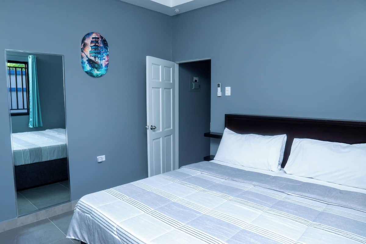 A bedroom with a bed, a door, and a mirror.