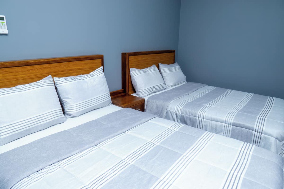 Two twin beds with wooden headboards, grey bedding, and a small bedside table with a lamp.