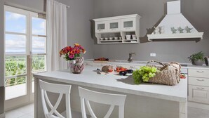 A kitchen with a central island, white chairs, a vase with flowers, and a view of greenery outside. - Villa Sara Bajkini with vineyard view (Bajkini)