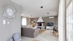 A spacious living room with a grey sofa, a TV, and a fireplace. - Villa Sara Bajkini with vineyard view (Bajkini)