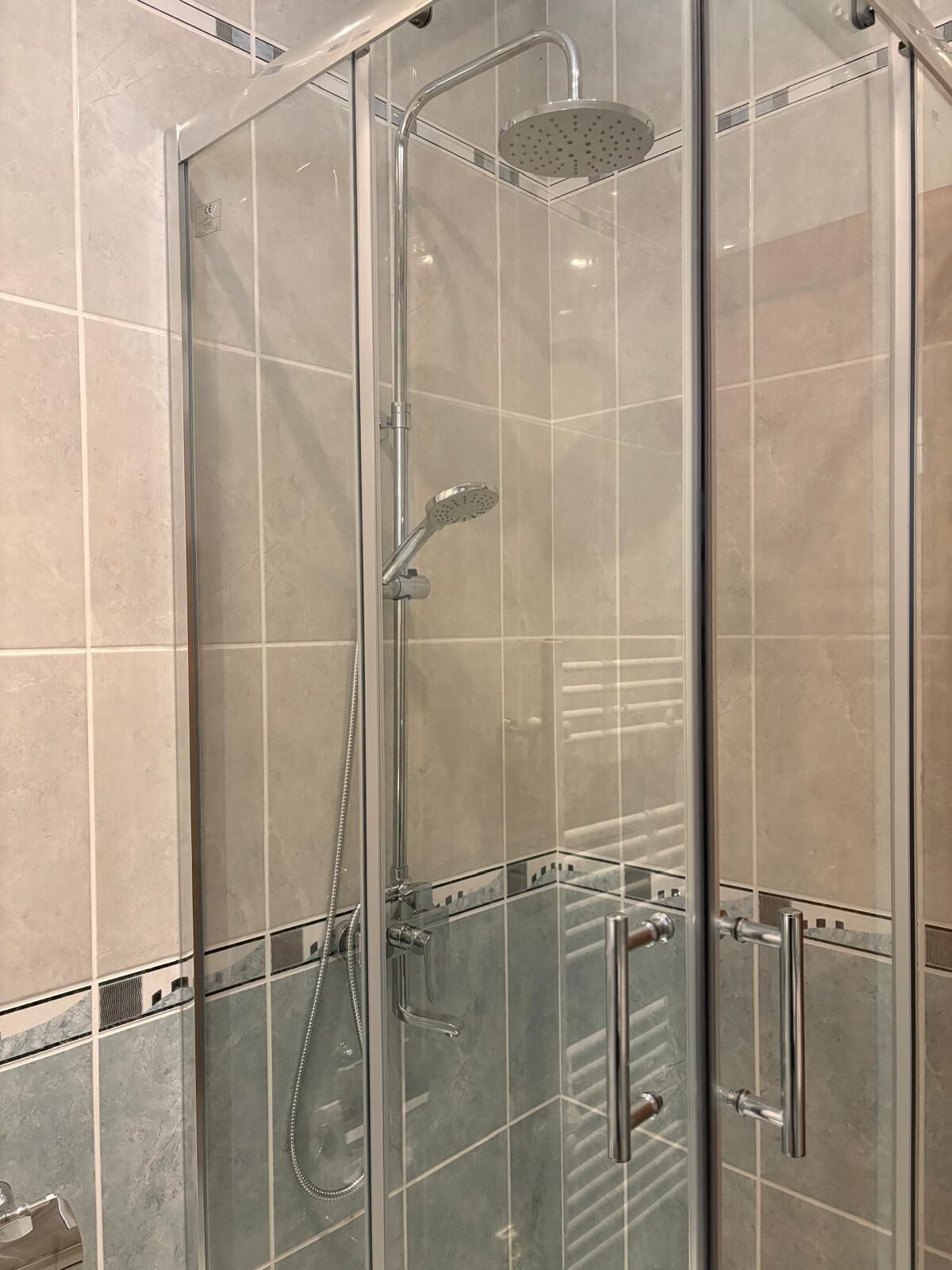 Een douchecabine met glazen wanden, een handdouche en een stortdouche.
