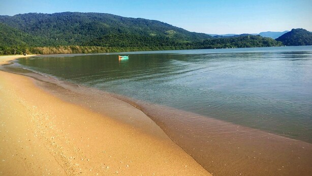 A beach with a boat on calm water, surrounded by green hills. - Safira House. Beautiful 3 suite house in front of the sea with private swimming pool and BBQ area (Paraty)