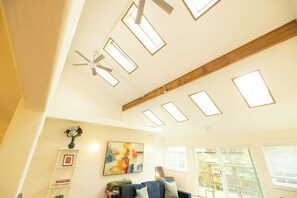 Televisión, chimenea, libros y oficina 