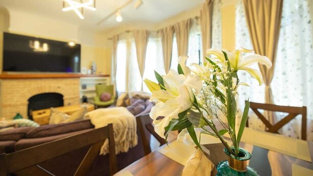 Ein gemütliches Wohnzimmer mit Kamin, einem Esstisch mit Blumenvase und einem an der Wand befestigten Fernseher.