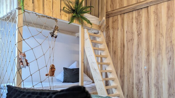 A bunk bed with a ladder, a hanging plant, and a hammock.