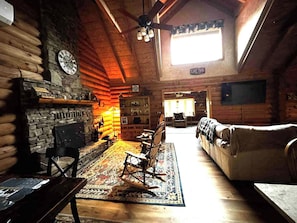 Smart TV, fireplace, books, computer monitors