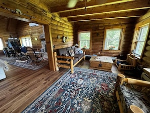 Smart TV, fireplace, books, computer monitors