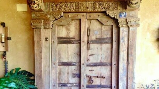 Puerta de madera rústica con intrincados grabados y dos leones en la parte superior, flanqueada por plantas grandes y una maceta.