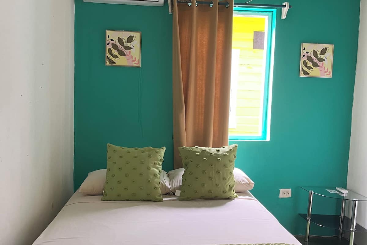 A room with a bed, air conditioning unit, curtains, and wall art.