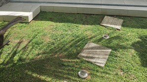 A modern outdoor patio with a hot tub, seating area, and a well-maintained lawn.