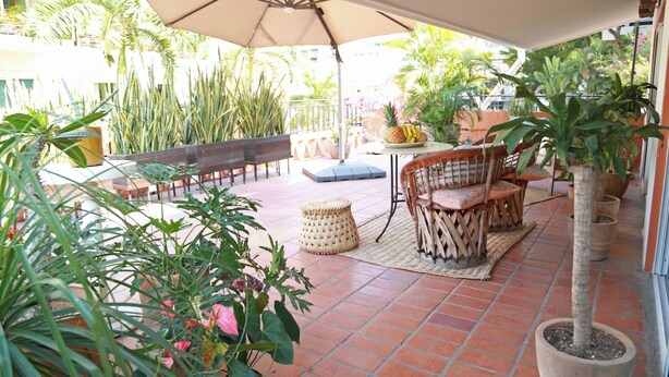 Eine überdachte Terrasse mit Gartenmöbeln, Topfpflanzen und einem Esstisch.