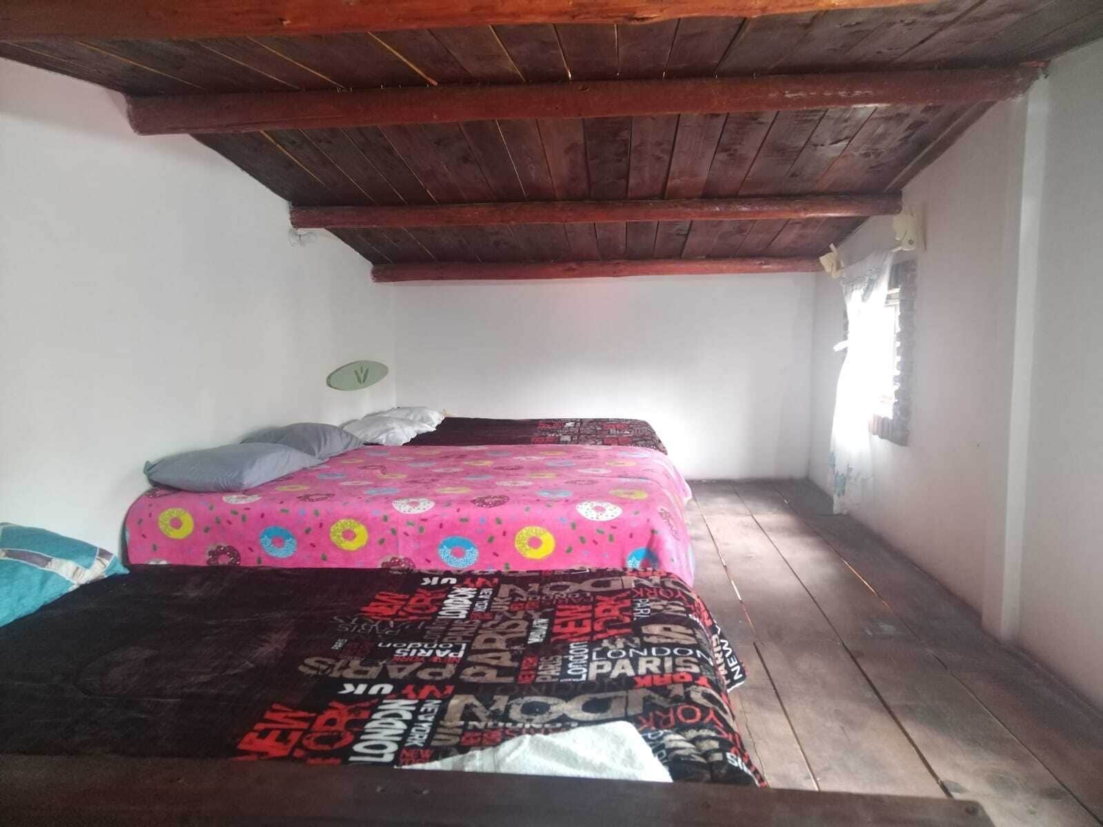 Una habitación pequeña, tenuemente iluminada, con una cama individual y techo de madera.