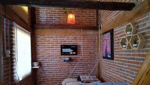 A cozy room with a brick wall, a hanging swing, a television, and decorative hexagonal shelves. - Cabañas Matlahuacales (Chignahuapan)