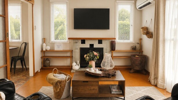 A living room with a fireplace, a flat-screen TV, and two leather sofas. - The Coasty Bach | Cosy Cottage | Rest & Reset (Tolaga Bay)