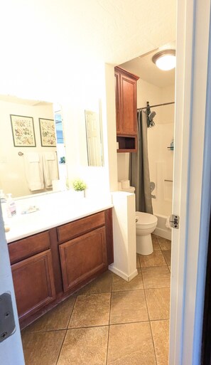 Hair dryer, towels, soap, shampoo