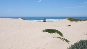 A beach with a wooden structure in the middle, surrounded by sand dunes and sparse vegetation.