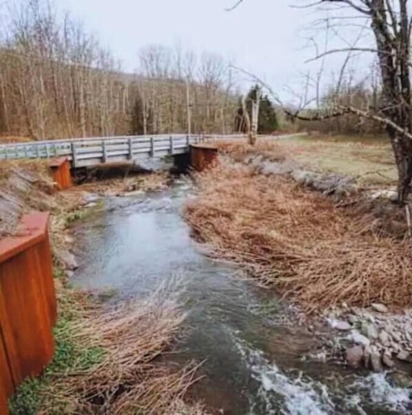 A wooden bridge over a small stream with bare trees in the background.