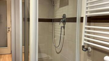 Shower, hair dryer, bidet, towels