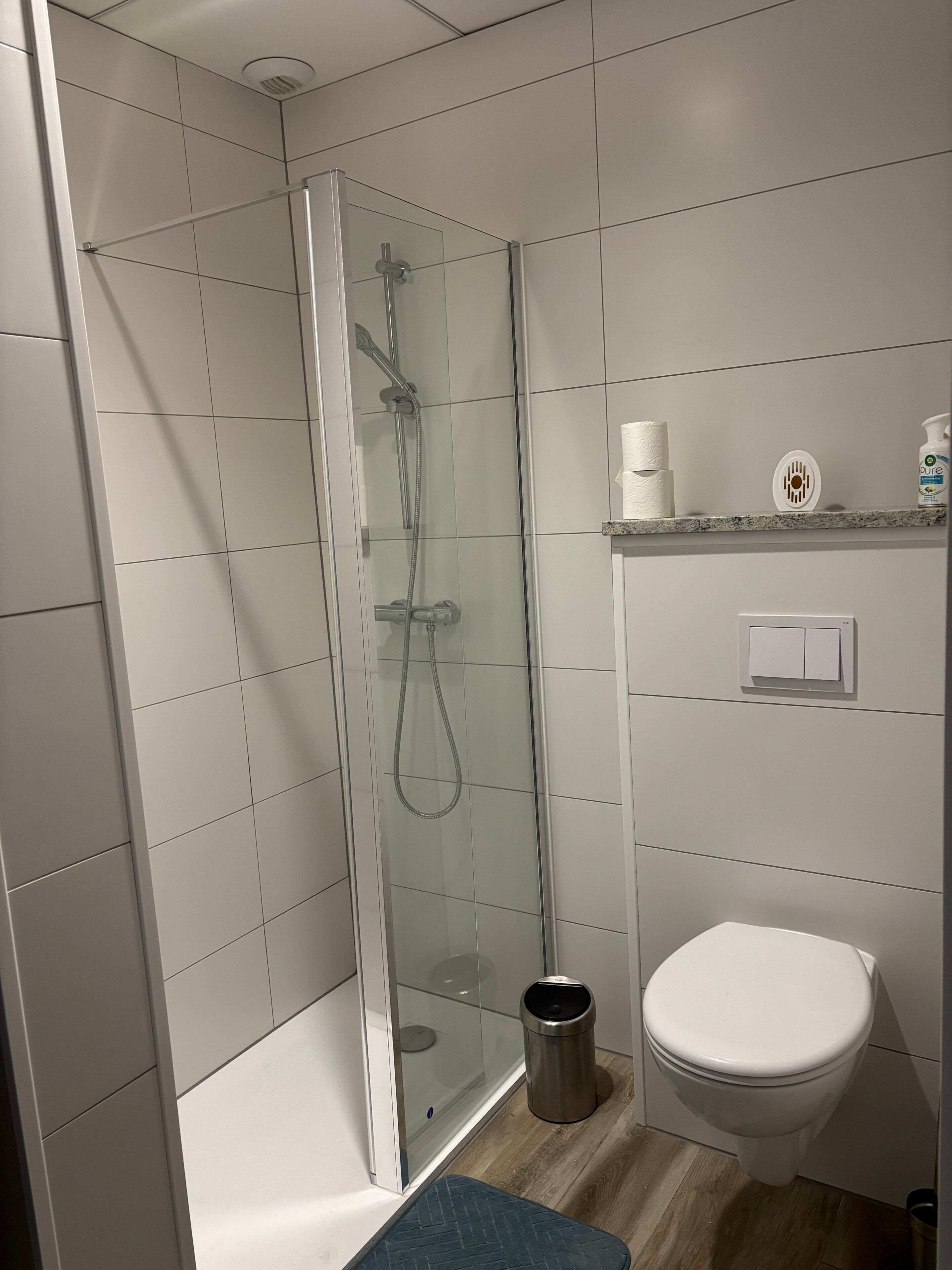 A modern bathroom with a glass-enclosed shower, a toilet, and a small trash bin.