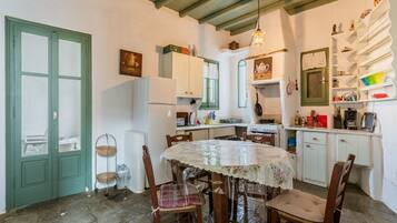 Fridge, dishwasher, coffee/tea maker, cookware/dishes/utensils