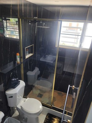 Shower, hair dryer, towels, soap