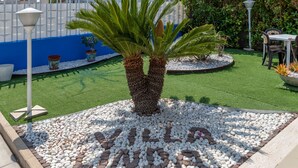 Un espace jardin agrémenté d’un palmier, de petits galets blancs et d’un mur bleu.