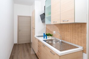 A compact kitchen with a built-in sink, wooden cabinets, and a small potted plant.