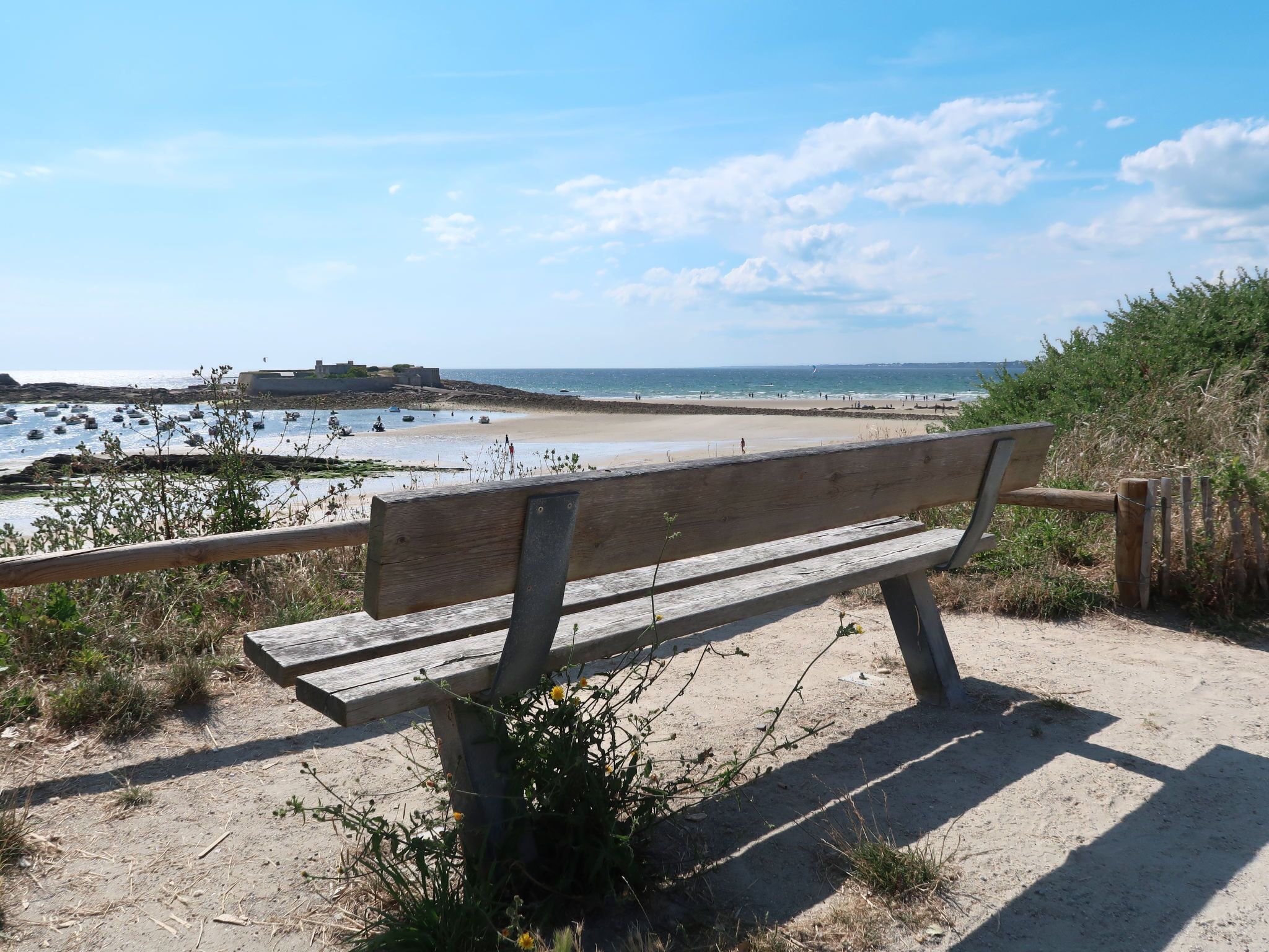 A wooden bench overlooking a beach with a clear view of the sea and distant structures.