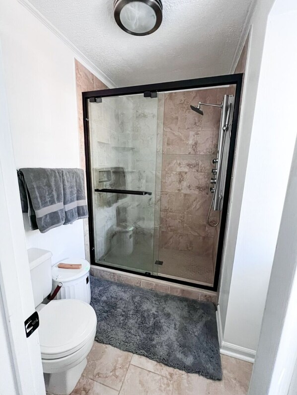 Ein Badezimmer mit einer Duschkabine, einer weißen Toilette und einem grauen Teppich.