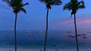 Une plage bordée de palmiers, avec des bateaux et un ciel dégagé.