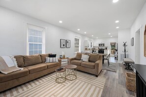 Smart TV, fireplace, foosball