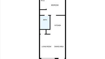 Plano de planta que muestra un vestidor, habitación, baño, cocina, sala de estar y comedor.