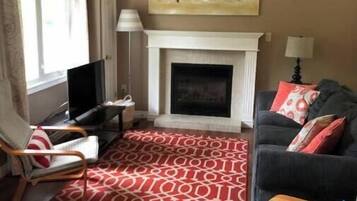 TV connectée, cheminée, livres