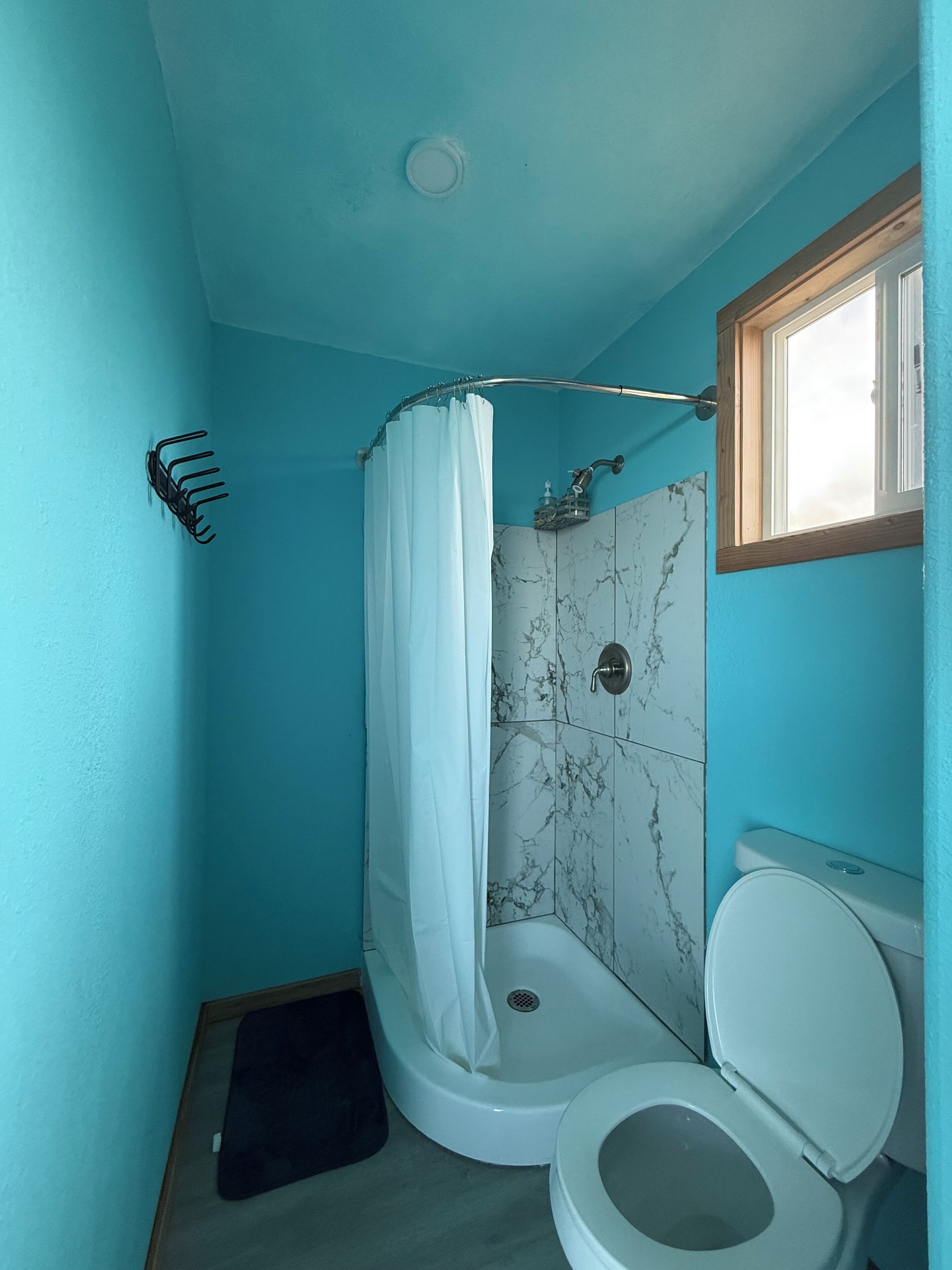 Shower, towels, soap, toilet paper