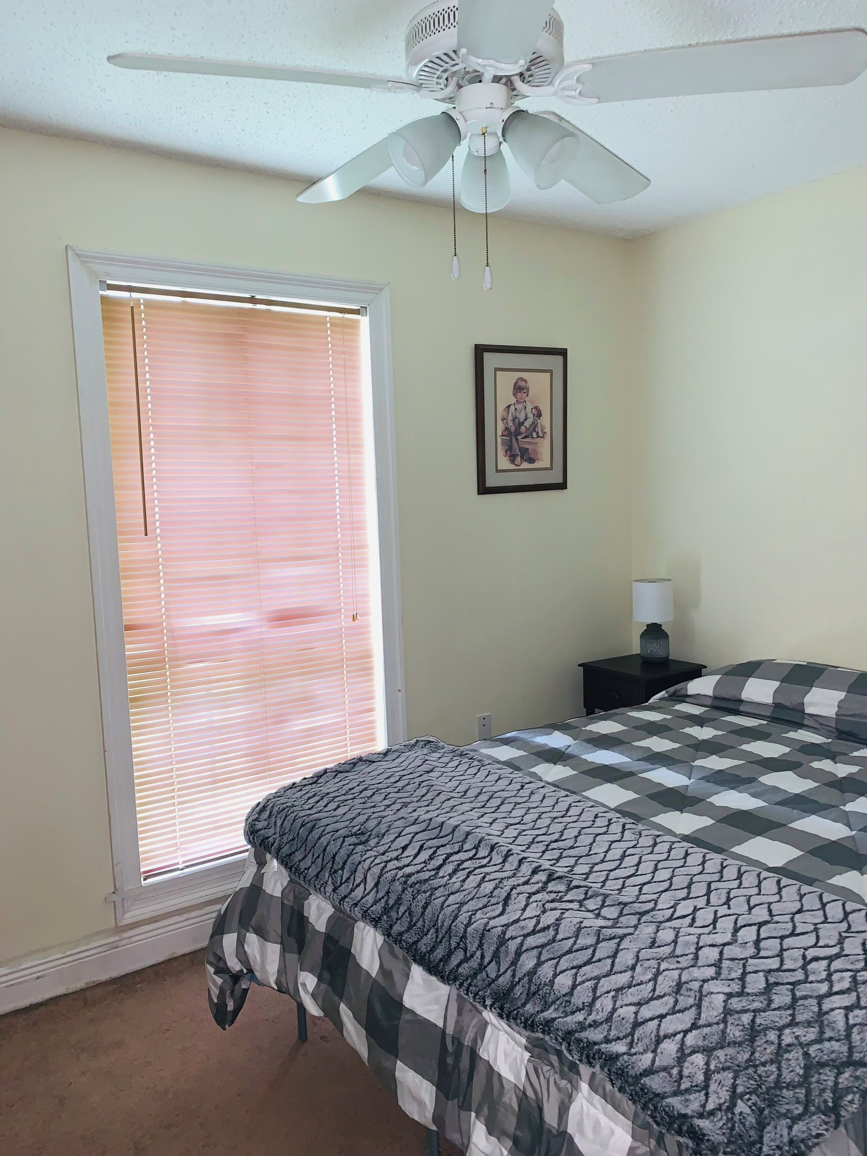 A bedroom with a bed, a ceiling fan, a window with blinds, a framed picture on the wall, and a bedside table with a lamp.