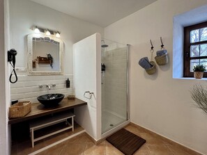 Hair dryer, bidet, towels, soap