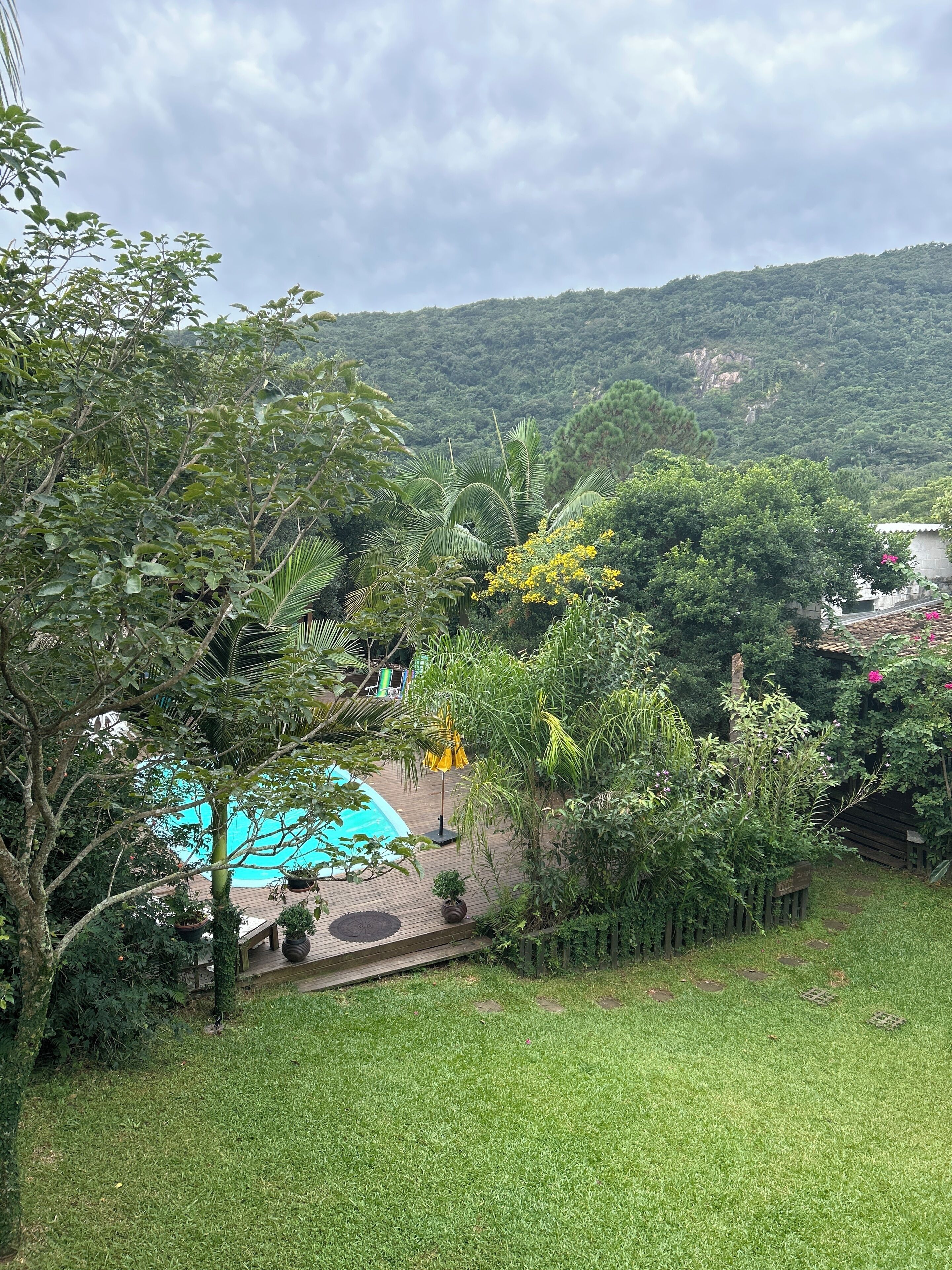 Un patio trasero con piscina, rodeado de exuberante vegetación y vistas a un paisaje montañoso.