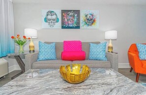 Smart TV, fireplace, video games, DVD player