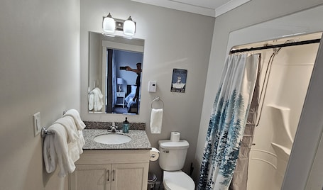 Hair dryer, towels, soap, toilet paper. Acadia Villas! 6A Lexi
