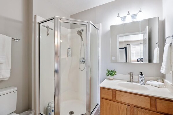 Shower, hair dryer, towels, soap