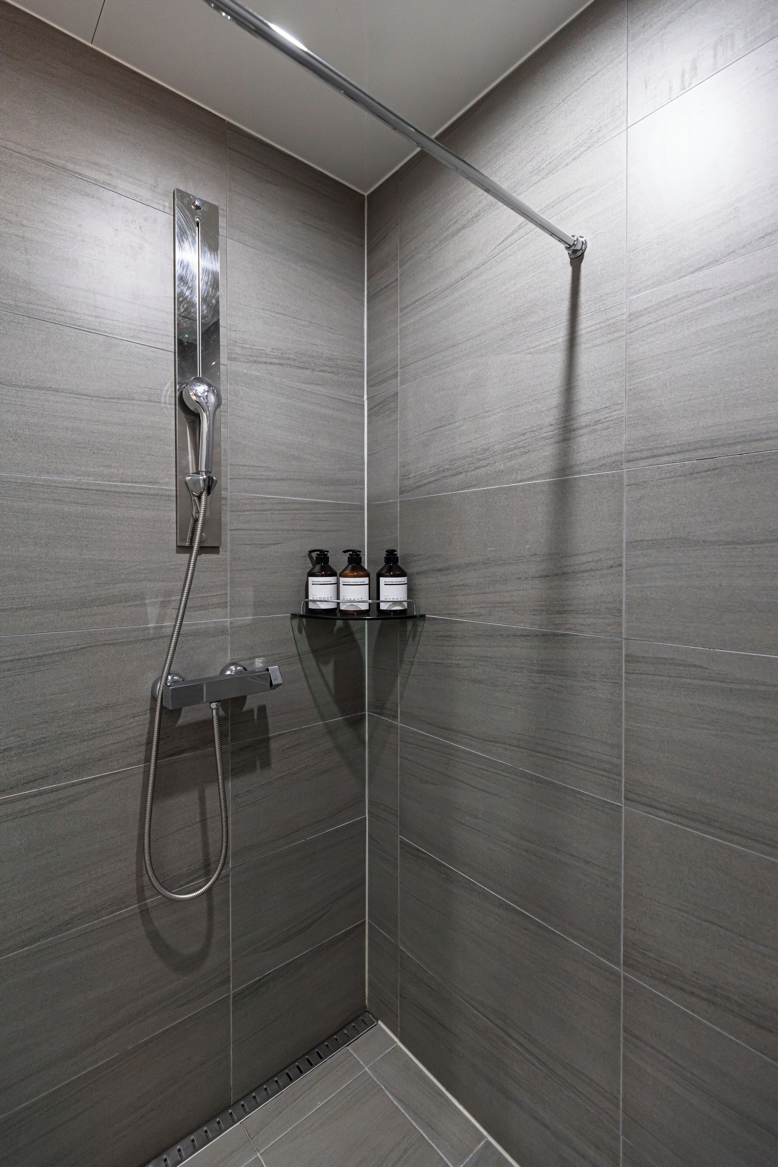 A modern shower area with a glass-enclosed shower, a handheld showerhead, and two bottles of shampoo on a shelf.