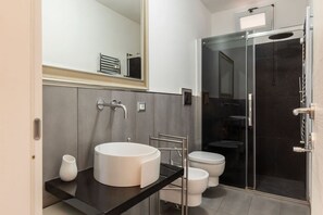 Shower, hair dryer, bidet, towels