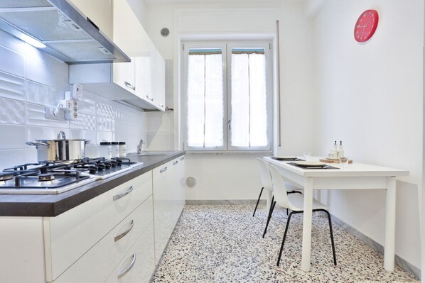 Fridge, oven, stovetop, cookware/dishes/utensils