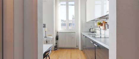 Fridge, microwave, stovetop, electric kettle