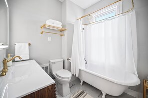 Hair dryer, towels, soap, toilet paper