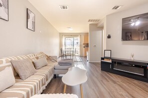 Smart TV, fireplace, books