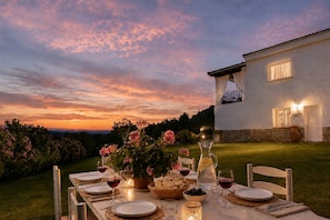 Une table à manger installée à l’extérieur, avec des assiettes, des verres et une carafe, entourée d’un jardin et d’une maison dotée d’un balcon.