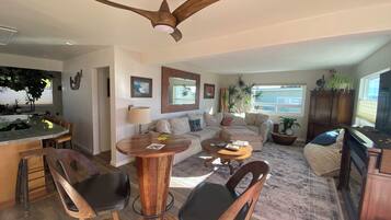 Smart TV, chimenea y libros