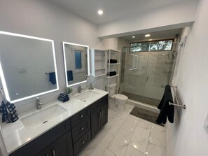 Shower, towels, soap, shampoo