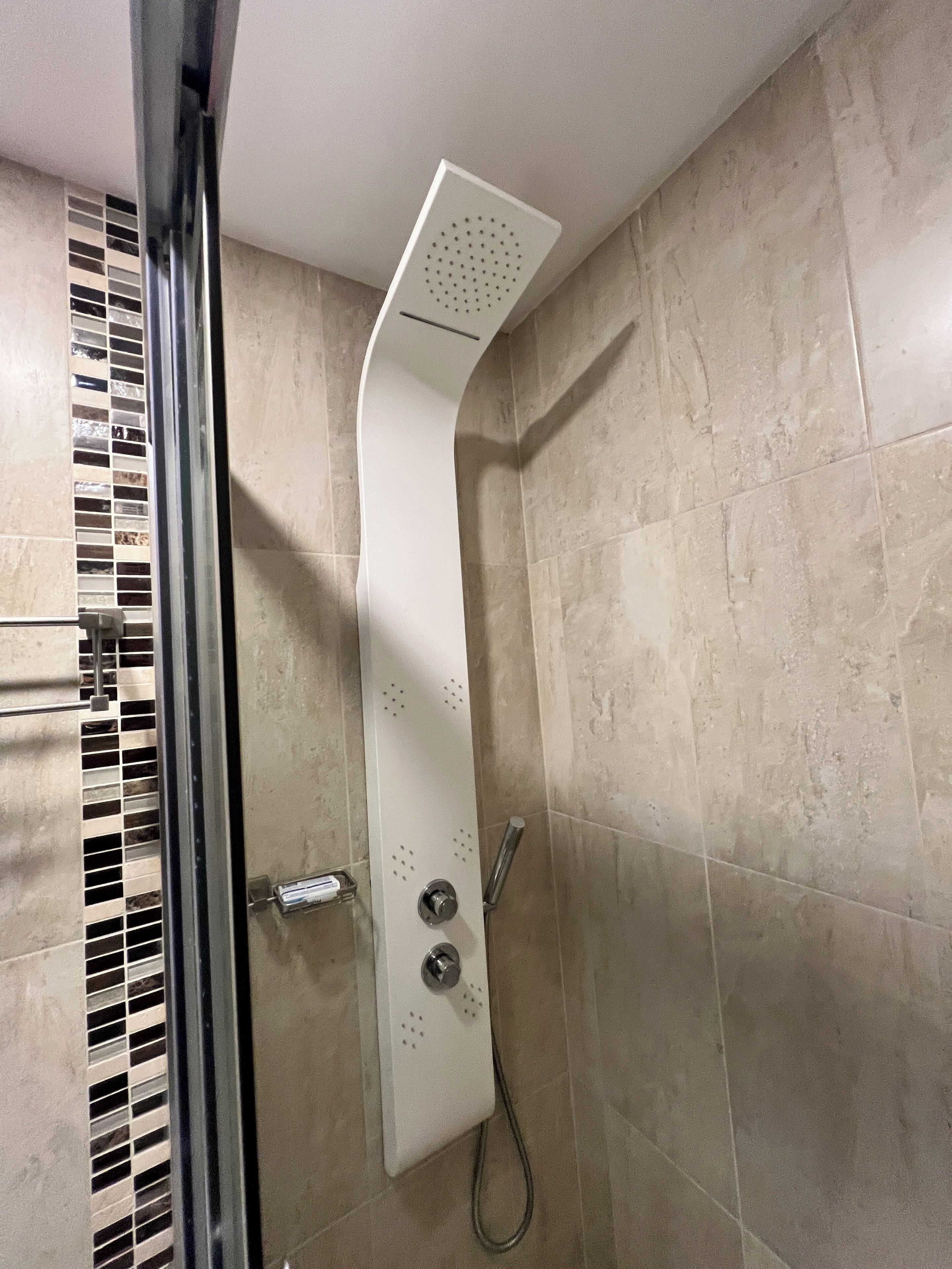 Jetted bath, hair dryer, towels, soap